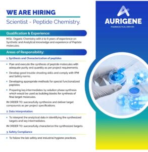 Aurigene Pharmaceutical Services Hiring Scientist in Peptide Chemistry