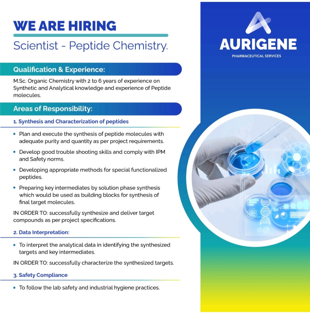 Read more about the article Aurigene Pharmaceutical Services Hiring Scientist in Peptide Chemistry