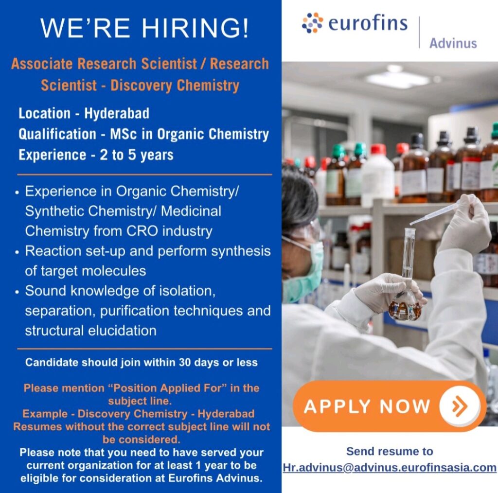 Eurofins Advinus Hiring for Discovery Chemistry Roles in Hyderabad