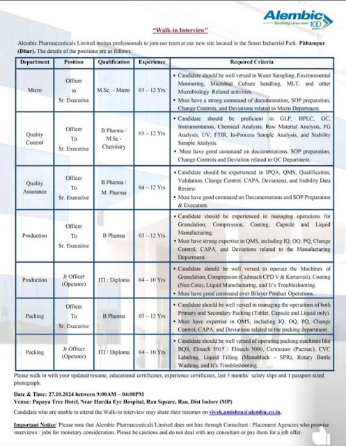 You are currently viewing Alembic Pharmaceuticals Walk-In Interview 2024: Opportunities in Microbiology, QC, QA, Production & Packing at Pithampur Site